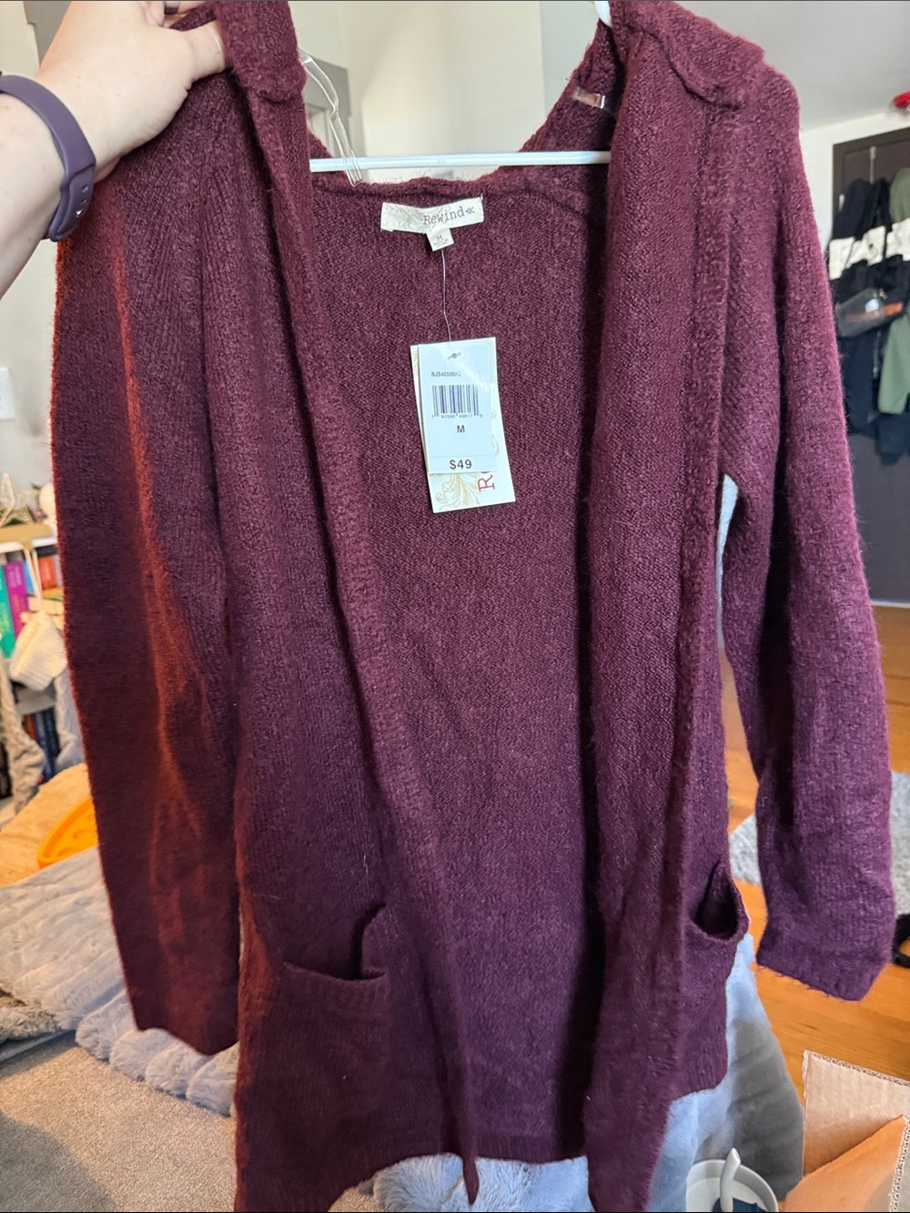Rewind Burgundy Open-Front Hooded Cardigan